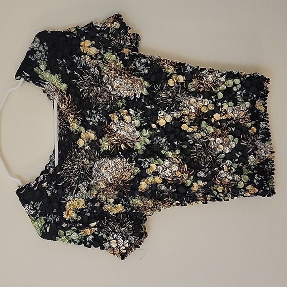 3/$30 RADIANCE 1990s Black Bubble Popcorn Scrunchie Floral Silk Blouse - Picture 3 of 8